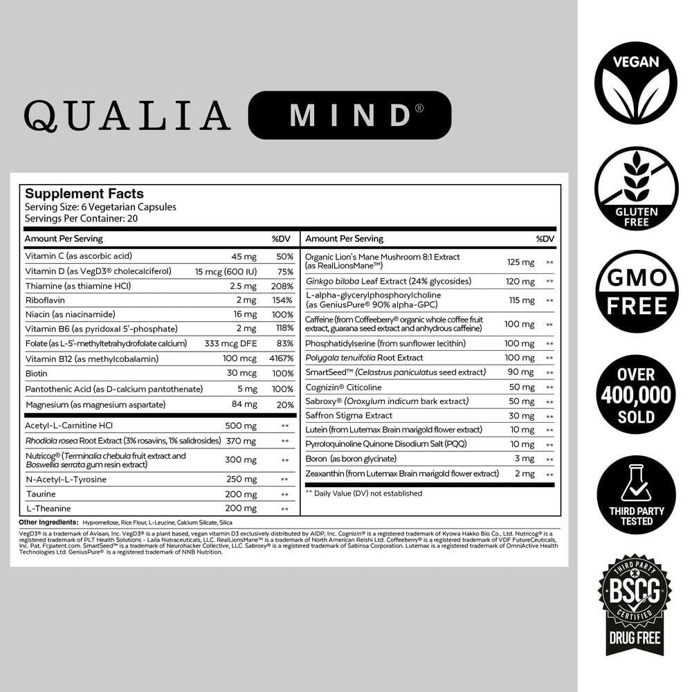 Qualia Mind 2.0 – Advanced Nootropic for Focus, Memory & Mental Clarity (120 Capsules).